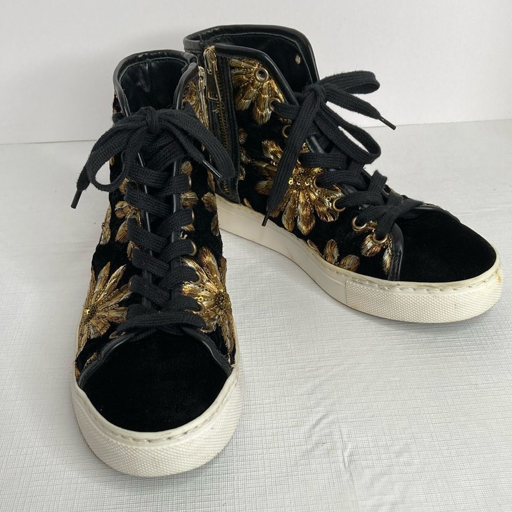 Bissoni Made In Italy Rare Black Velvet Gold Floral Embroidered High Top Sneaker